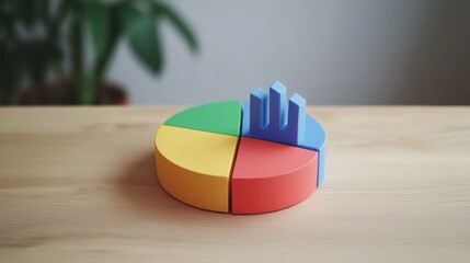 Fototapeta premium Financial pie chart and upward trending graph overlayed on neutral office background