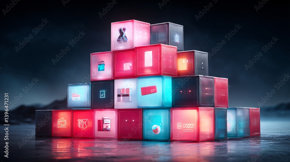Poster cubes stacked resembling a pyramid, icons glow in red and blue on each cube against a dark backgroun