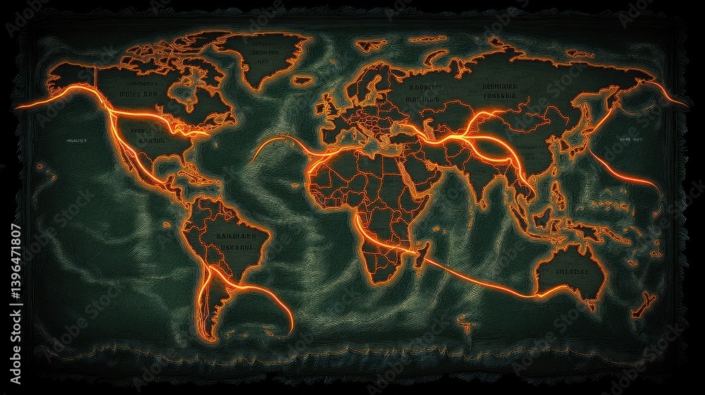 Poster global business map with golden trading routes highlighted in glowing lines