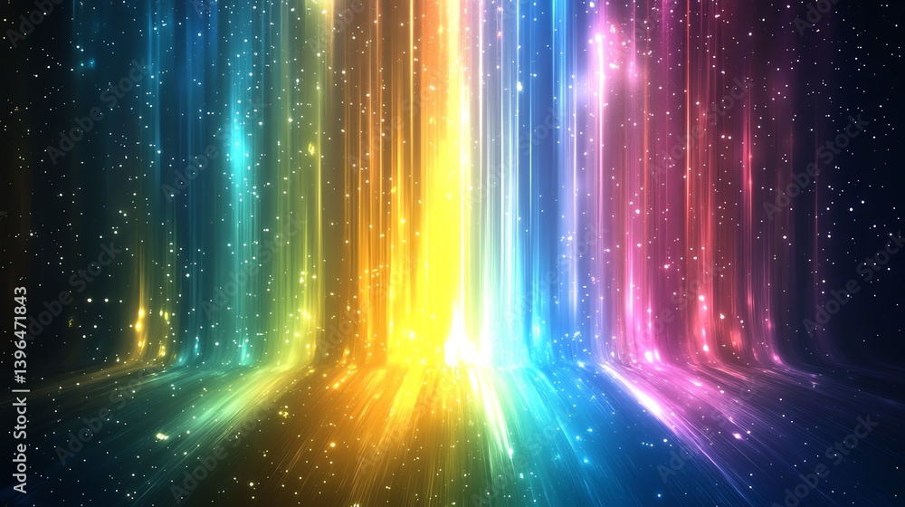 Poster a vibrant display of colorful rays illuminating the dark, creating an enchanting atmosphere filled w