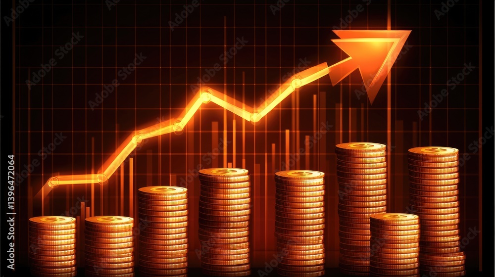 Poster glowing upward arrow over a digital bar graph with stacks of coins at the base