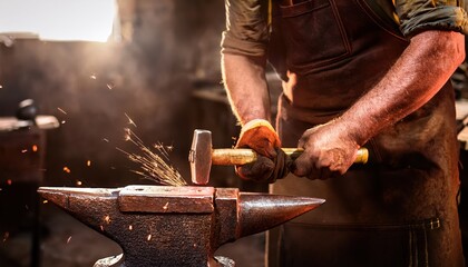 blacksmith’s leathery hands gripping tongs around glowing steel