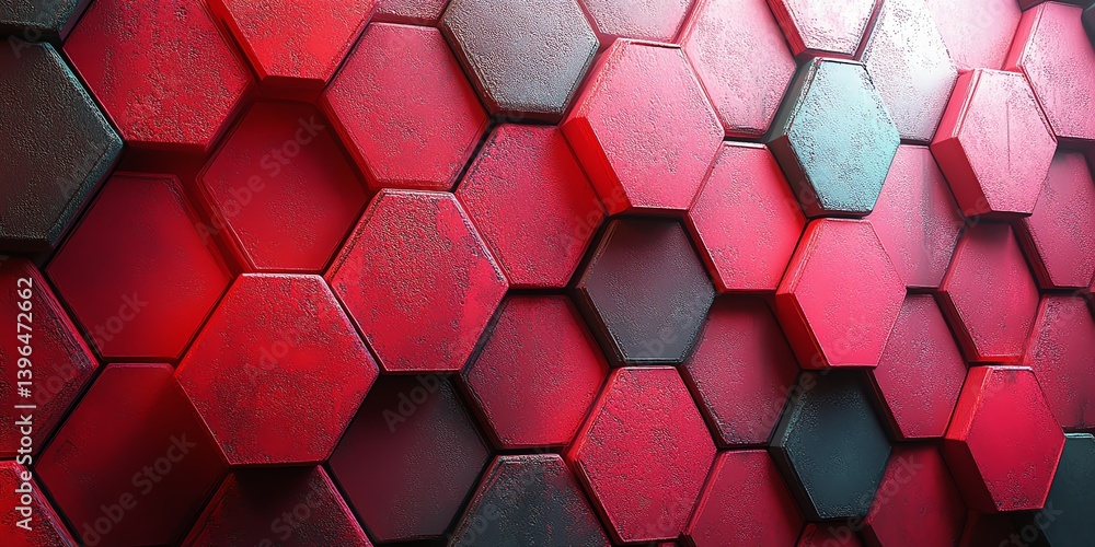 Poster abstract red hexagon background with a textured and metallic look