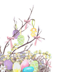 Easter eggs in a wicker nest watercolor illustration isolated on white. The nest with bows, spring flowers and mimosa twigs hand drawn in pastel colors for Easter cards, packaging and festive decor