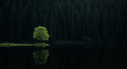 Solitary Green Tree Reflection Calm Lake Dark Forest