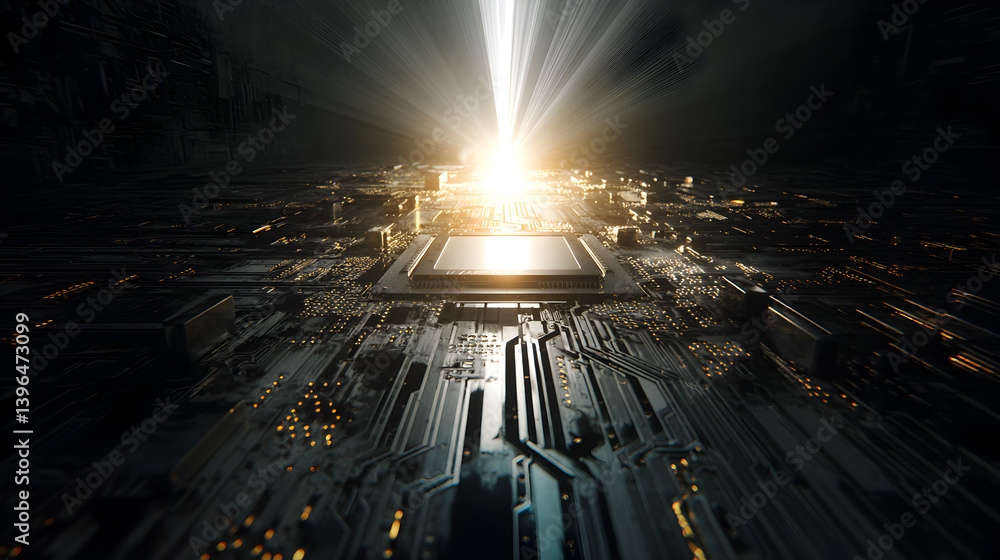 Poster abstract image of a central processor surrounded by glowing circuits and lights, representing techno