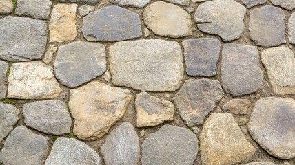 Fototapeta premium Close Up of an Exterior Stone Wall with Varying Shades of Gray and Tan Rocks and Moss Growing in Between