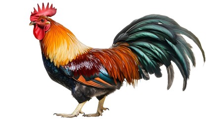 Fototapeta premium Majestic Vibrant Rooster in Full Body Side View against White Background