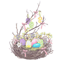 Easter eggs in a wicker nest watercolor illustration isolated on white. The nest with bows, spring flowers and mimosa twigs hand drawn in pastel colors for Easter cards, packaging and festive decor