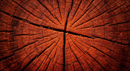 Fototapeta premium Cracked Red Wood Tree Stump Radial Texture Background Close Up