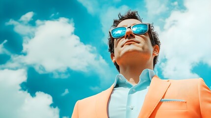 Man in Sunglasses Wearing Peach-Colored Suit Looking Up at Sky