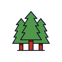 Obraz premium Pine tree forest vector illustration in flat outline style with three green coniferous trees. Ideal for eco-friendly branding, nature icon, forest infographic, or outdoor-themed design