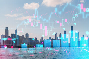 Chicago skyline with futuristic holographic overlay, digital graphics concept on water and sky background. Double exposure