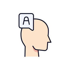 Human head with language symbol vector icon representing communication and translation concept. Useful for linguistics, language learning, speaking skill content, or educational UI design