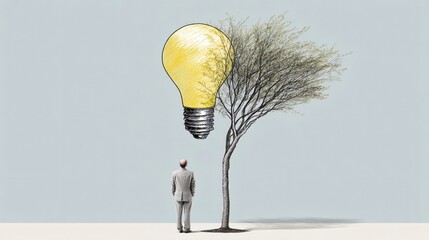 Man looking at a big bulb above a tree, symbolizing growth, idea, thought, and solution concept