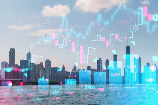 Chicago skyline with futuristic holographic overlay, digital graphics concept on water and sky background. Double exposure