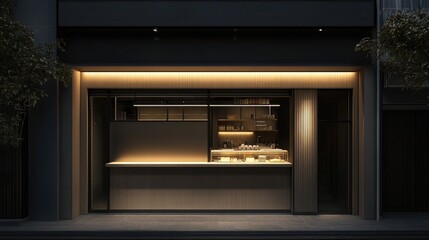 Modern storefront with illuminated sign glowing subtly in twilight urban street
