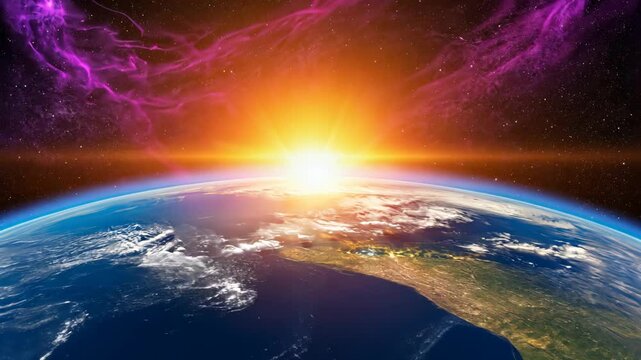 Breathtaking View of Planet from Space with Sunrise and Nebulae Clouds in the Background