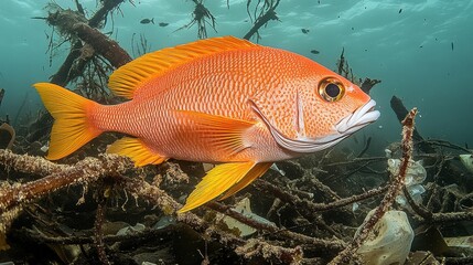 Vibrant Orange Fish Swimming Among Underwater Ruins and Debris