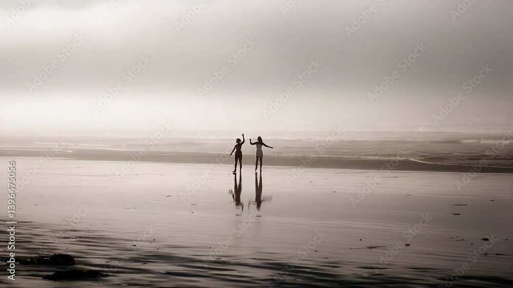 Poster dancing figures create silhouettes against the ocean backdrop at dusk generative ai