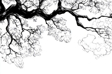 Obraz premium Overhanging tree branch, sky background, nature illustration, graphic design