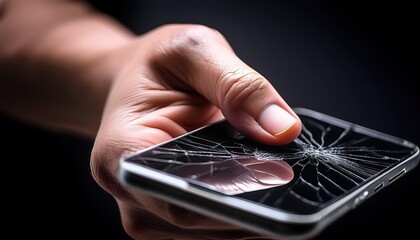 human hand holding a cracked smartphone
