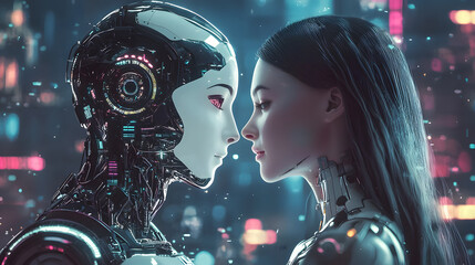 The Gaze of Tomorrow: A mesmerizing scene unfolds as a human and a robot face each other, their profiles silhouetted against a futuristic cityscape, creating a story of connection, technology.