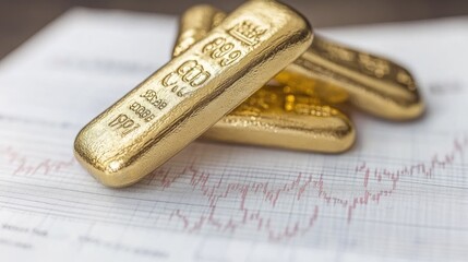 Shiny gold bars placed diagonally on financial report with trading lines