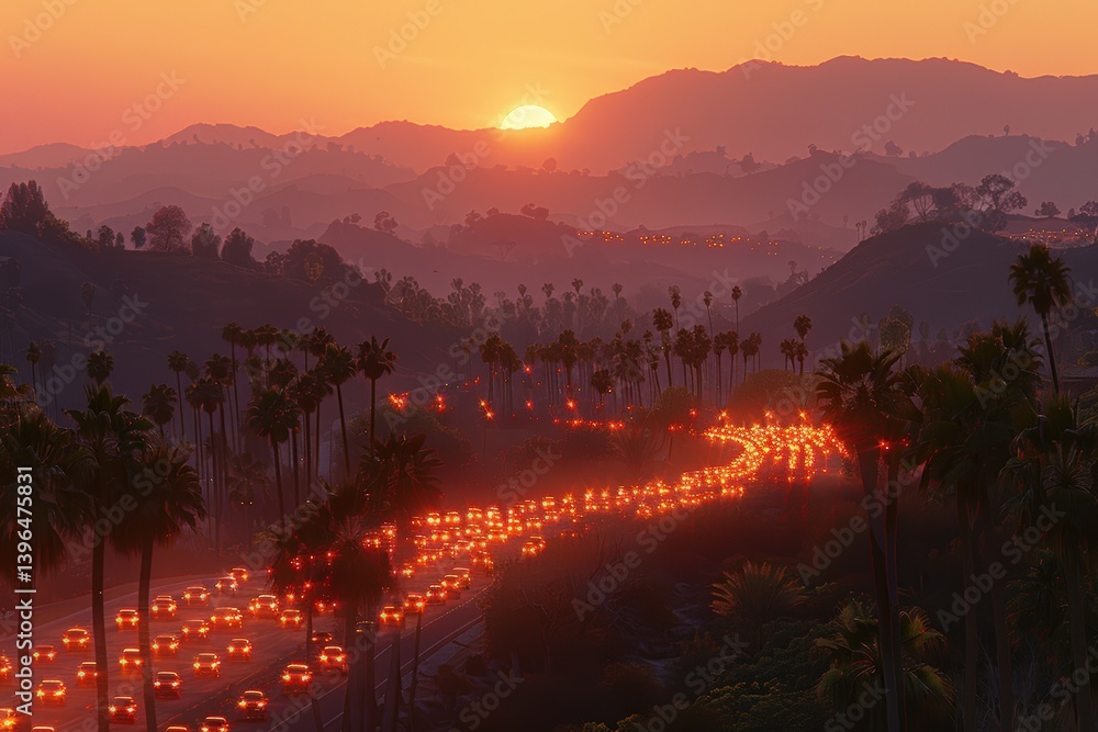 Poster sunset over a highway lined with palm trees and mountains in the background.
