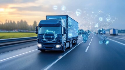 Obraz premium Shipping truck and cargo ship icons moving across world map for global supply chain