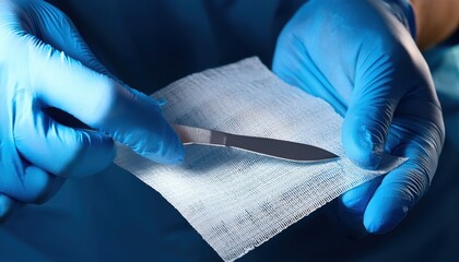 latex-gloved hands holding a scalpel above a sterile gauze pad