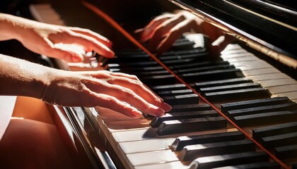 Pianist's hands playing a grand piano