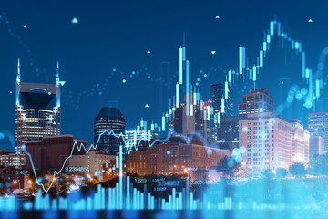 Nashville skyline at night with hologram financial graphs, cityscape photography with a technology...
