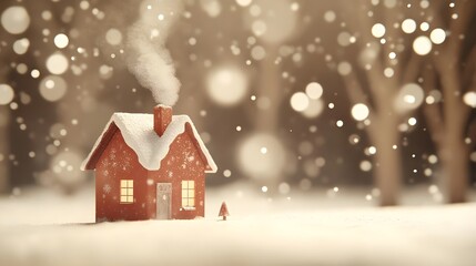 Fototapeta premium Charming Minimalist House with Smoke in a Snowy Winter Scene