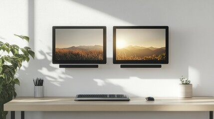 Spacious workstation with dual screens, planner, mouse, and modern dcor accents