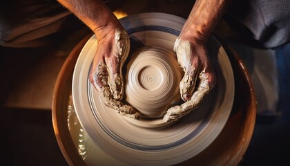 Potter&rsquo;s hands shaping wet clay