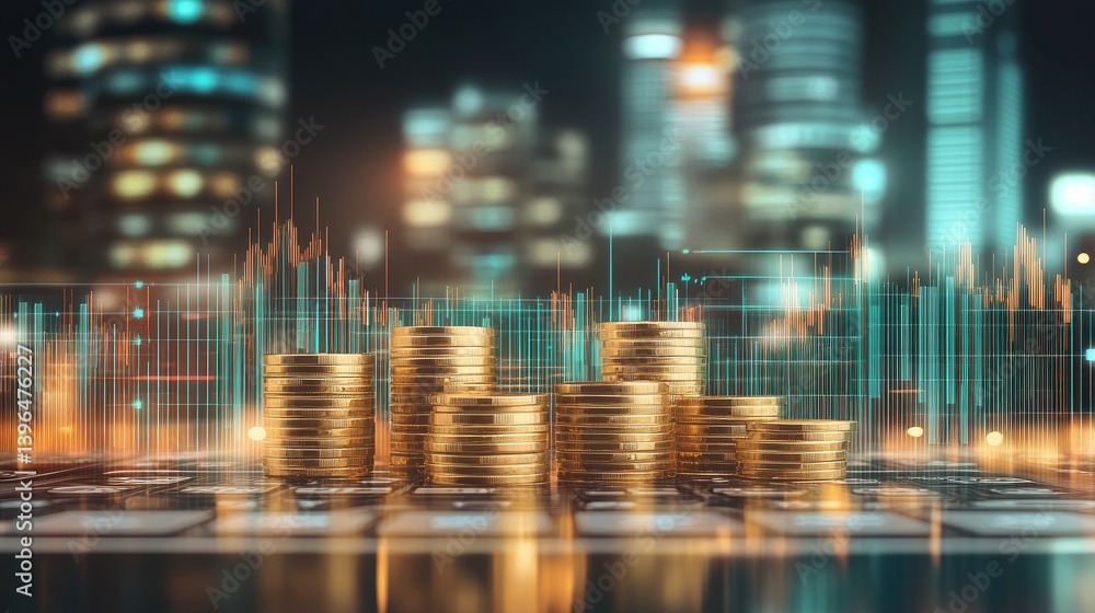 Poster stack of gold coins and calculator with financial graph background