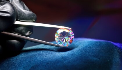 Steady jeweler&rsquo;s fingers in black gloves adjusting a princess-cut diamond with tweezers