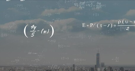 Animation of mathematical equations and chemical formulas overlaying city skyline - Powered by Adobe
