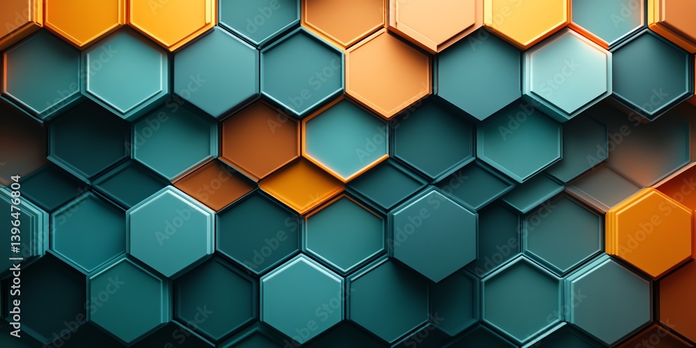 Poster abstract hexagon pattern with teal and orange tones background