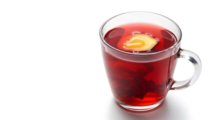 Elevated view of a clear mug filled with vibrant red liquid and a slice of ginger, standing out against a pure white backdrop.