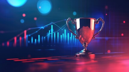 Trophy beside digital graph showing exponential rise in business results