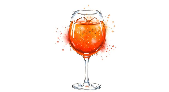 Aperol Spritz (Aperol, Sparkling Wine, Sparkling Wate - Refreshing orange beverage with ice cubes in a tall glass, set against a clean white backdrop with a burst of watercolor style accents.