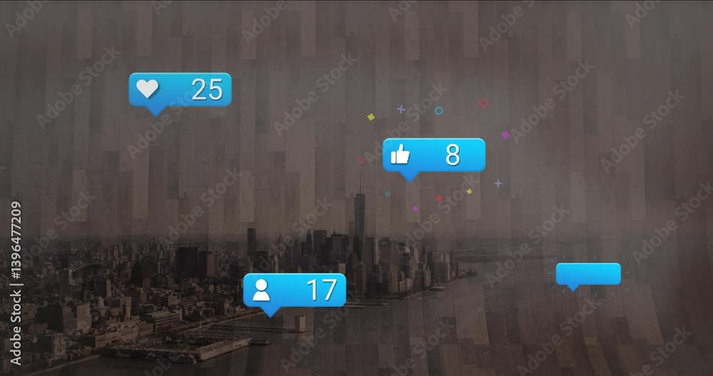 Poster colorful social media notifications floating over cityscape in animated scene