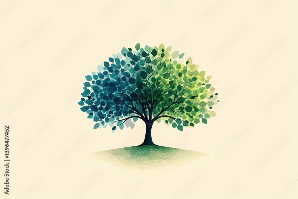 Poster stylized tree with contrasting foliage colors on a simple gradient background