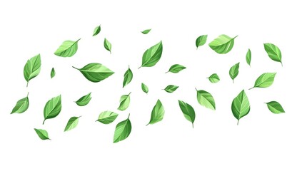 Mint leaves flying in the air on a white background, in a flat lay. Green mint leaves falling down, isolated 
