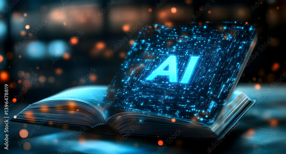 Aufkleber an open book with glowing ai elements floating above it, symbolizing advanced technology and digital