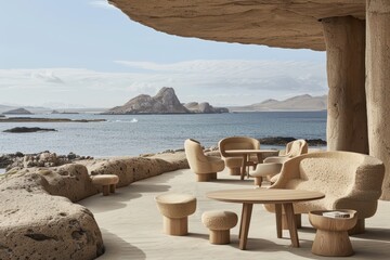 Obraz premium Modern coastal seating area with ocean view and unique furniture design.