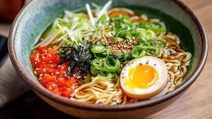 A colorful bowl of miso ramen with fresh toppings and soft-boiled egg.