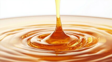 Golden liquid drop creates ripples, smooth texture.